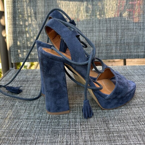 BATA Blue Suede Italian Leather Open Platform Heels - Picture 5 of 7